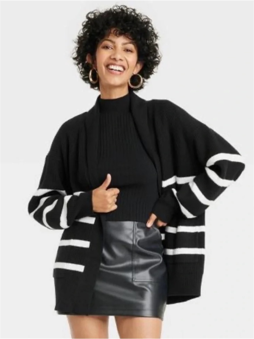 a new day Black White Striped Open Front Shawl Collar Cardigan Sweater XL
